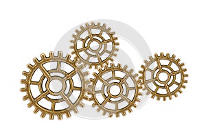 Gear and cogs wheels isolated on a white background, clock mechanism, brass metal engine industrial