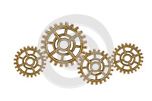 Gear and cogs wheels isolated on a white background, clock mechanism, brass metal engine industrial