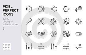 Gear, cogwheel line icons set. App settings button, slider, wrench tool, fix concept minimal vector illustrations