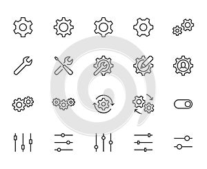 Gear, cogwheel line icons set. App settings button, slider, wrench tool, fix concept minimal vector illustrations
