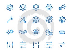 Gear, cogwheel line icons set. App settings button, slider, wrench tool, fix concept minimal vector illustrations