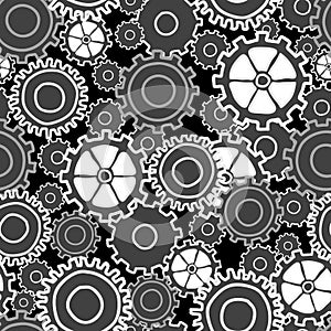 Gear Collage many sizes and styles of gears in neutral black white and grays seamless repeat vector pattern