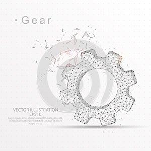 Gear digitally drawn low poly wire frame on white background.