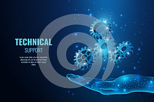 Gear engine. Technical wireframe hand. For digital support team. Futuristic polygonal technology. 3D software. Tech