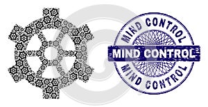 Gear Fractal Composition of Gear Icons and Textured Mind Control Round Guilloche Seal Stamp