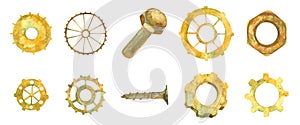 Gear. Gear wheel. Business. Industry hardware. Ellow rusty wheels, nuts, bolt. Watercolor illustratio