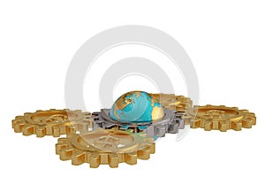 Gear with global currency and globe on white background. 3D illustration.