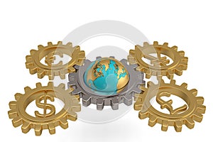 Gear with global currency and globe on white background. 3D illustration.