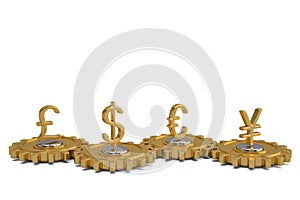 Gear with global currency on white background. 3D illustration.