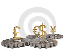 Gear with global currency on white background. 3D illustration.