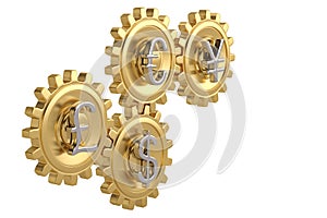 Gear with global currency on white background. 3D illustration.