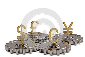 Gear with global currency on white background. 3D illustration.