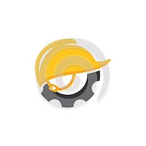 Gear Helmet Construction Logo Design. Building Repairs and Work Safety Vector Icon Graphic