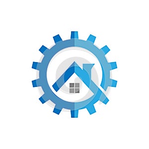 Gear House Logo Design Template. Abstract Vector Gear Home Icon. Stock Illustration.