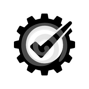 Gear icon. Black gear icon with a check mark. Approved symbol.