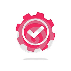 Gear icon with check mark as completed update settings vector or cog wheel checkmark as setup executed change graphic pictogram