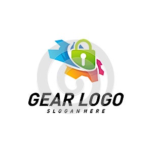 Gear with key logo Design Vector Template. Mechanic Security Icon Symbol. Colorful Icon