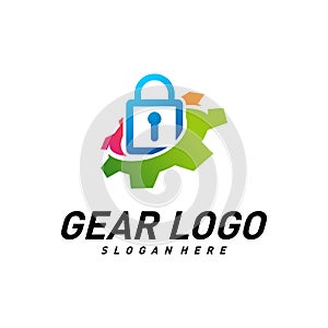 Gear with key logo Design Vector Template. Mechanic Security Icon Symbol. Colorful Icon