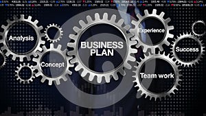 Gear with keyword, Analysis, Team work, Experience, Concept, Success, Businessman touching screen 'BUSINESS PLAN'