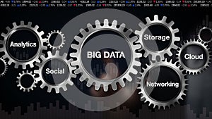 Gear with keyword, Analytics, Social, Storage, Cloud , Networking, Businessman touch screen 'BIG DATA'