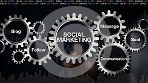 Gear with keyword, Blog, Follow, Communication, Message, Goal, Businessman touch screen 'SOCIAL MARKETING'