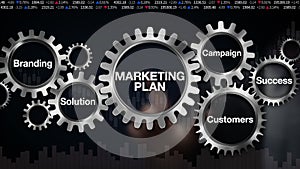 Gear with keyword, Branding, Solution, Customers, Campaign, Success, Businessman touch screen 'Marketing Plan'