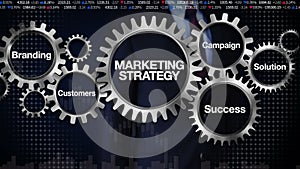 Gear with keyword, Branding, Solution,Customers, Campaign, Success. Businessman touching 'Marketing Strategy'