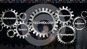 Gear with keyword, information management development system, solutions. Businessman touch screen 'Technology'