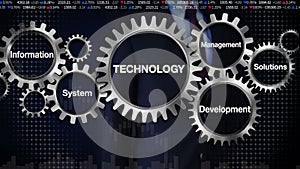Gear with keyword, information management development system, solutions. Businessman touching 'Technology'