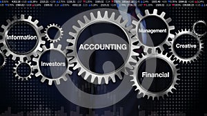 Gear with keyword, Management, Financial, Investors, Information, Creative. Businessman touching 'ACCOUNTING'