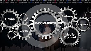 Gear with keyword, Online, Credit, , Purchasing, Mobile payment. Businessman touch screen 'E-COMMERCE'