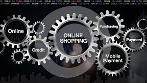 Gear with keyword, Online, Credit, Purchasing, Mobile payment. Businessman touch screen 'ONLINE SHOPPING'