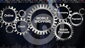 Gear with keyword, Online, Credit, Purchasing, Mobile payment, Businessman touching screen 'Mobile shopping'