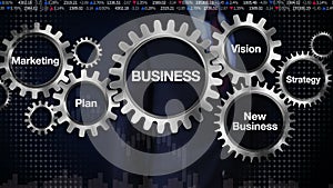 Gear with keyword, Plan, marketing, vision, strategy, new business, Businessman touching screen 'BUSINESS'