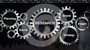 Gear with keyword,Planning, Social, Brand, Insight, Strategy, Businessman touch screen 'RESEARCH'