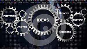 Gear with keyword, Research, Analysis, Creative, Innovation, Success. Businessman touching 'IDEAS'