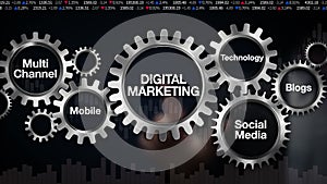 Gear with keyword, Technology, Blogs, Social media, Multi channel, Mobile, Businessman touch screen 'DIGITAL MARKETING'