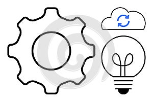 Gear, Light Bulb, and Cloud with Sync Icon Representing Innovation, Efficiency, and Cloud Technology