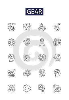 Gear line vector icons and signs. Wheel, Gearbox, Drivetrain, Cycle, Ratchet, Winch, Axle, Sprocket outline vector