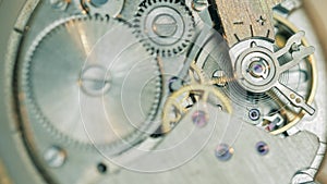 A gear and a mainspring are moving in a watch mechanism
