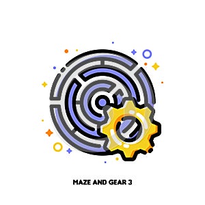 Gear and maze icon for concept of business challenges ambushing entrepreneurs. Flat filled outline style. Pixel perfect 64x64