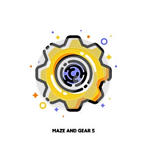 Gear and maze icon for concept of successful process for effective business problem solving. Flat filled outline style