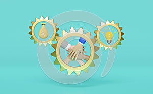 Gear with people their hands together, yellow light bulb, money bags dollars isolated on blue background. loan approval, business