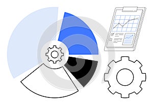Gear and Pie Chart with Data Sheet Representing Analysis and Process Optimization