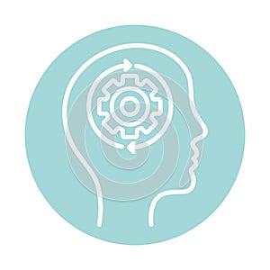 Gear and repeat arrows inside human head block style icon vector design