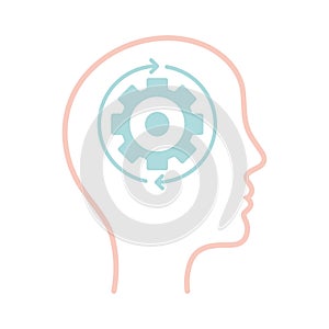 Gear and repeat arrows inside human head line style icon vector design
