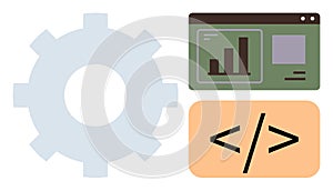 Software Development and Data Analysis Concept with Gear, Code, and Analytics Chart