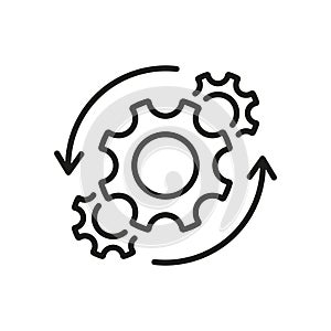 Gear and Round Arrow Business Technology Process Thin Line Icon. Workflow Cog Wheel Symbol Linear Pictogram. Circle Gear