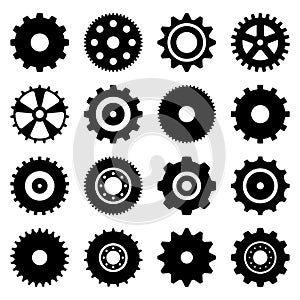 Gear setting vector icon set. Isolated black gears mechanism and cog wheel. Progress or construction concept. Simple Gear wheel