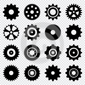 Gear setting vector icon set. Isolated black gears mechanism and cog wheel. Progress or construction concept. Simple Gear wheel